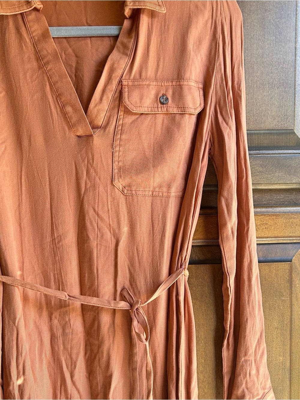 🎃No Comment long-sleeve peach V-neck shirt dress Size small - Picture 4 of 10